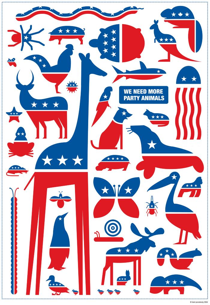 Posters depicts: assortment of animals colored in red, white and blue