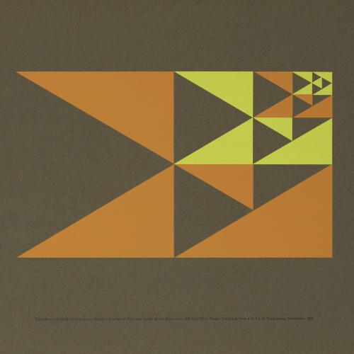 Posters, Logos and identities, Announcements and invitations depicts: Invitation to preview of new furniture lines, with four 'E's composed of right triangles, either orange or yellow, nested in the top right corner of each other