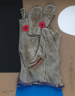 Original Art depicts: Smashed and torn work glove with two red dots for eyes