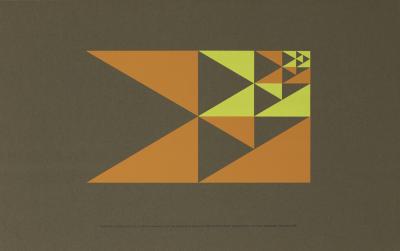 Posters, Logos and identities, Announcements and invitations depicts: Invitation to preview of new furniture lines, with four 'E's composed of right triangles, either orange or yellow, nested in the top right corner of each other