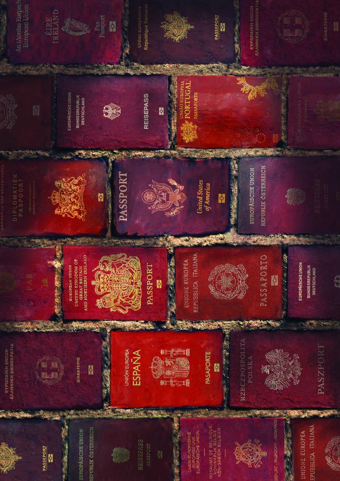 Posters depicts: brick wall made up of passports