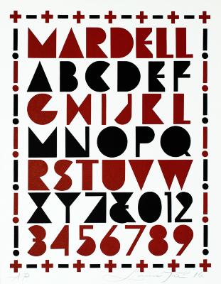 Posters depicts: Complete type specimen alphabet in red and black. Letters are angular, forming triangles and thick half circles.