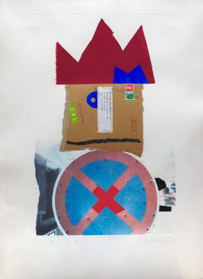 Original Art depicts: Collaged face made of torn envelope with stamps and label, wearing a cut paper crown.