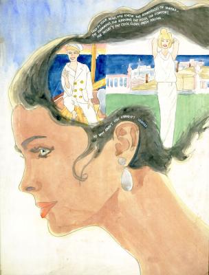 Original Art depicts: woman in profile with images of her doing leisure activities in her hair