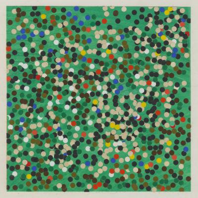 Album Covers, Original Art depicts: colorful hole punched dots on green background
