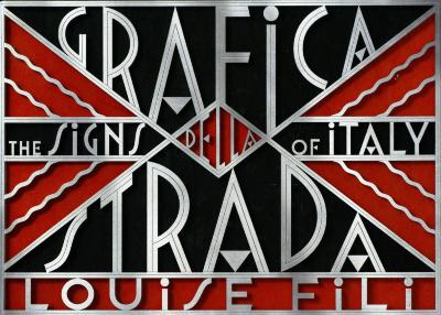 Books depicts: Art deco type in silver on black and red background