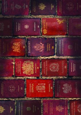 Posters depicts: brick wall made up of passports