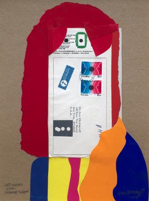Original Art depicts: Collaged face made from an envelope, stamps and torn paper.