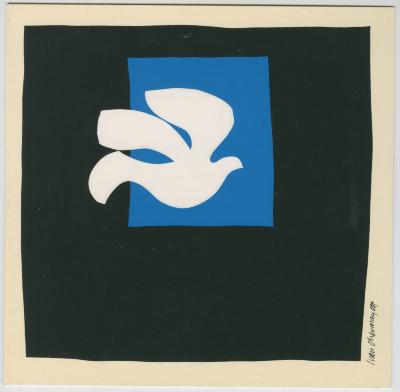 Cards depicts: Print of cut paper collage of white bird in front of a blue square and a black background
