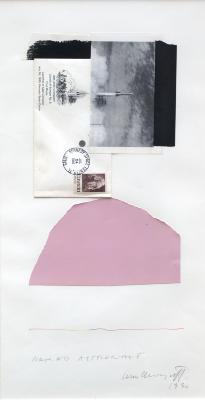 Original Art depicts: envelope and rocket ship above pink cut paper