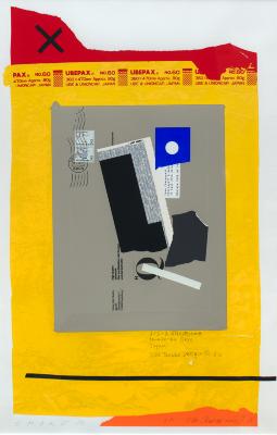Original Art depicts: screenprint of an envelope collaged to look like a smoking face