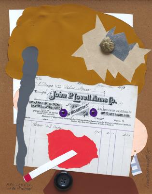 Original Art depicts: John Lovell Arms receipt with collaged lips and cigarette and hair