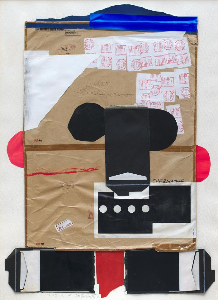 Original Art depicts: collages face made of mailing envelopes, postmarks and torn film