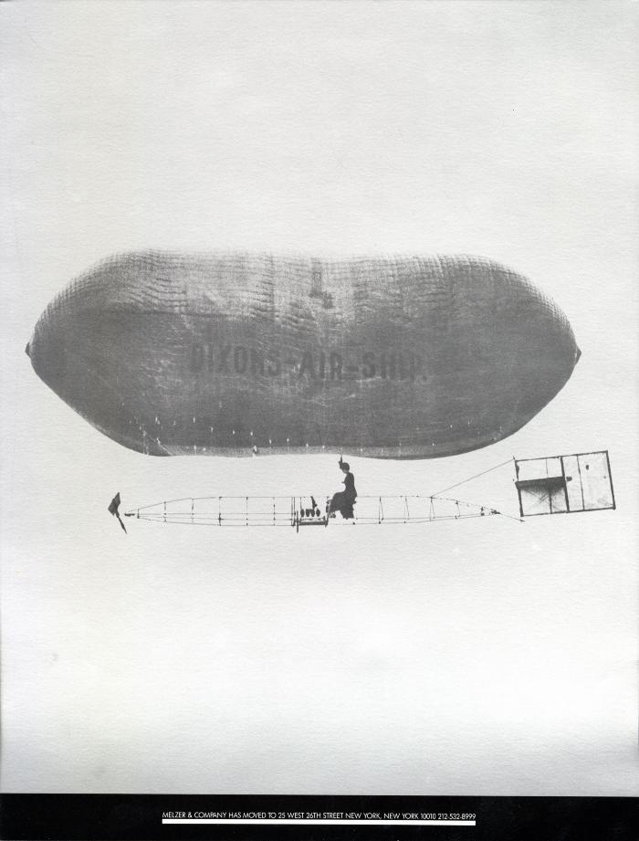 Posters depicts: Black and white photo of an old fashioned blimp moving across the sky.