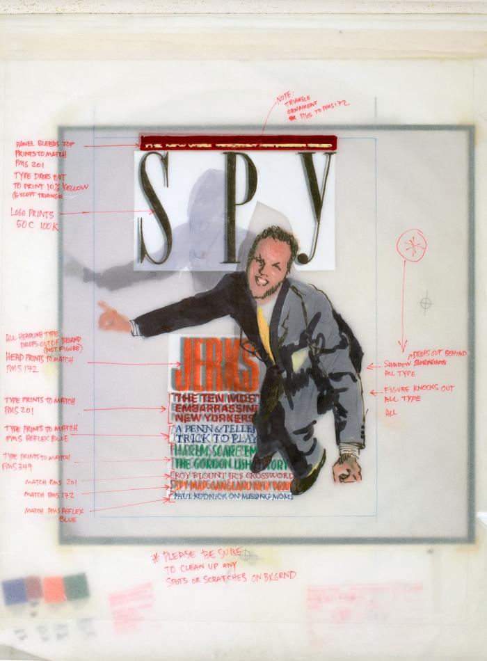 Original Art depicts: rough drawing of man in suit bending his knees and looking up; his body is placed over placeholder text for cover design