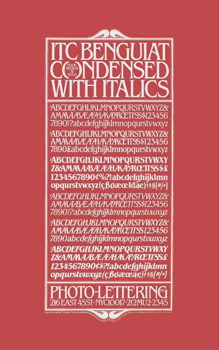Posters depicts: Type specimen for ITC Benguiat with complete alphabet printed on red background