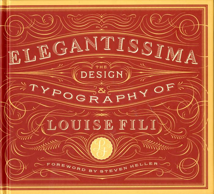 Books depicts: Ornamental vintage type on a red background with yellow curlicue ornamentation