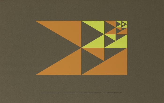 Posters, Logos and identities, Announcements and invitations depicts: Invitation to preview of new furniture lines, with four 'E's composed of right triangles, either orange or yellow, nested in the top right corner of each other