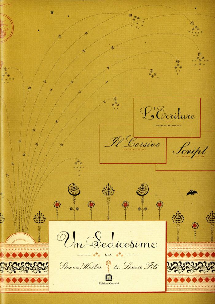 Booklet/Brochure depicts: Mustard colored cover with swooping cursive text and ornamentation