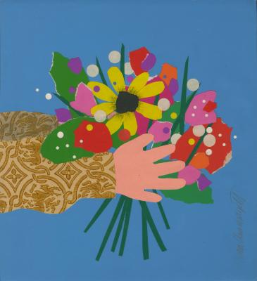 Serial Publications, Original Art depicts: cut paper collage of hands holding out bouquet of colorful flowers