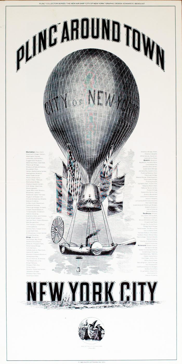 Advertisements, Posters depicts: Hot air balloon that says "City of New York" a body of water with the words "New York City" floating in the water