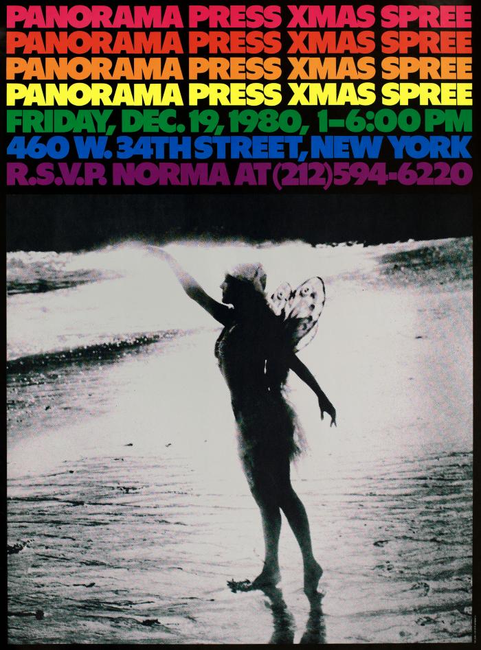 Posters depicts: Black and white photo of fairy on beach with rainbow type above her