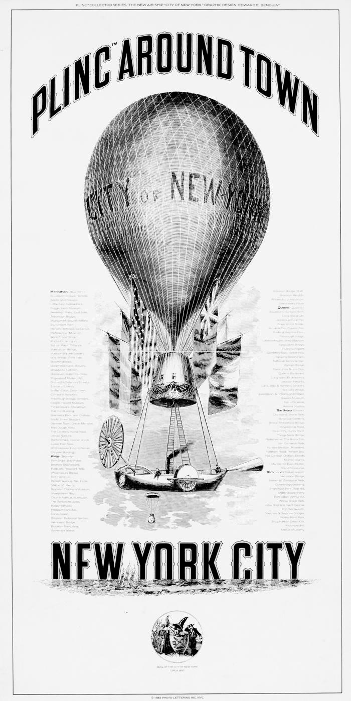 Advertisements, Posters depicts: Hot air balloon that says "City of New York" a body of water with the words "New York City" floating in the water