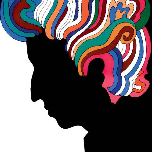 Black profile of Bob Dylan with colorful hair