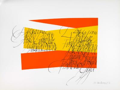 Original Art depicts: Names of Spanish artists in calligraphy on top of angular orange and yellow shapes.