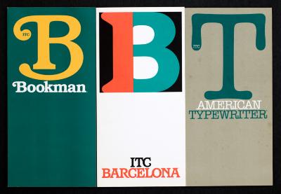 Books, Typefaces depicts: Three type specimen booklets in green, yellow and brown