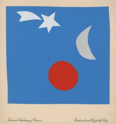 Cards, Prints depicts: print of cut paper collage of red sun, silver moon, and white star against a blue sky