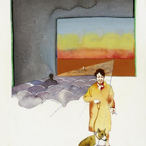 Original Art depicts: Watercolor of Pauline Kael with a dog standing in the foreground of a movie theater interior