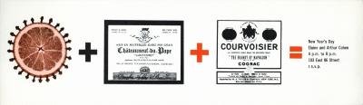 Announcements and invitations depicts: rhebus made of cut orange, wine label and courvoisier label