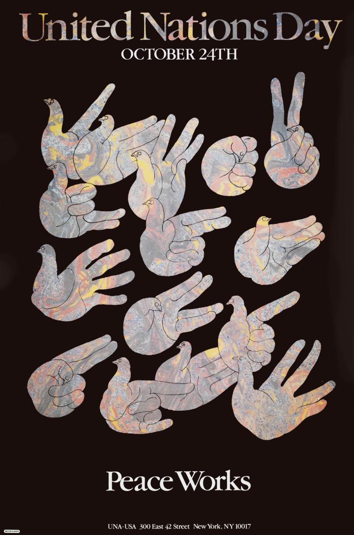 Posters depicts: Drawing of many hands making bird shapes