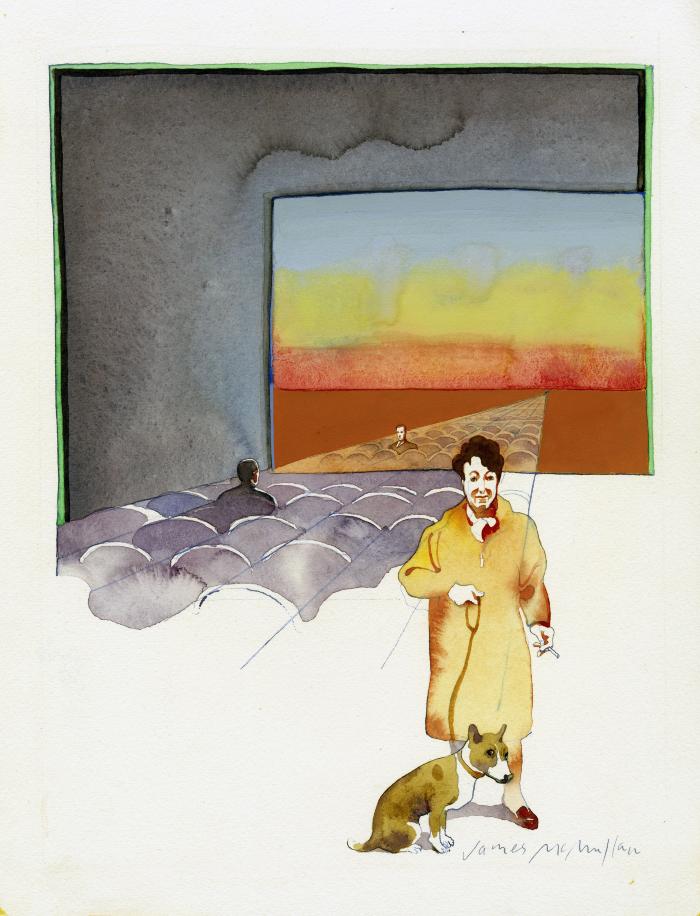 Original Art depicts: Watercolor of Pauline Kael with a dog standing in the foreground of a movie theater interior