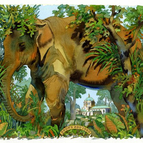 Watercolor elephant standing among lush green foliage with a small zoo building in the background