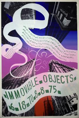 Posters depicts: View of NYC buildings, looking up from below. A wide white ribbon with information about the exhibition winds between the buildings.