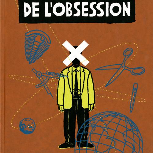 Man in yellow jacket with X over his face. He's surrounded by a globe, scissors, protractor, rock and penci