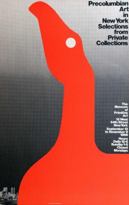Posters depicts: silhouetted long neck red bird against a black and white dot screen