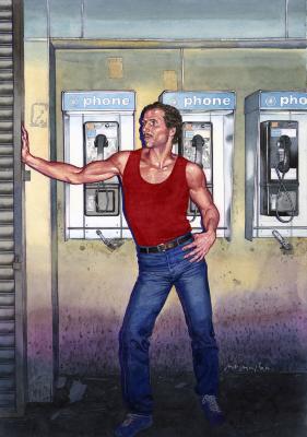 Original Art depicts: Aging hustler in a red tank top and tight jeans posing in front of public phones 