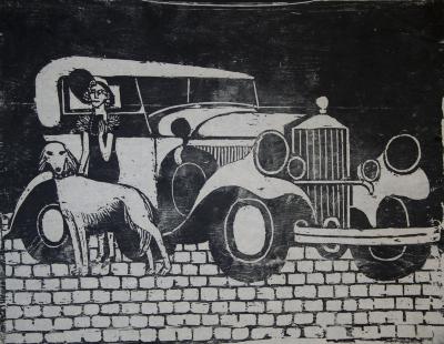 Original Art, Prints depicts: Woodcut of a woman smoking a cigarette with a dog standing outside of an old timey car 