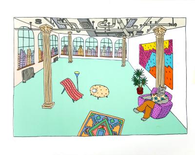 Original Art, Serial Publications depicts: Colorful cartoon illustration of a cat sitting in a sofa in an 80s style loft smoking a cigar 