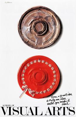 Posters depicts: Photograph of two hubcaps against a white background, presented vertically; top one is rusted, while the bottom one is painted red with a ribbon and bow threaded through it.