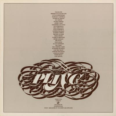 Advertisements depicts: List of designers thanked by Photo Lettering plus PLINC in flowing type surrounded by curved lines