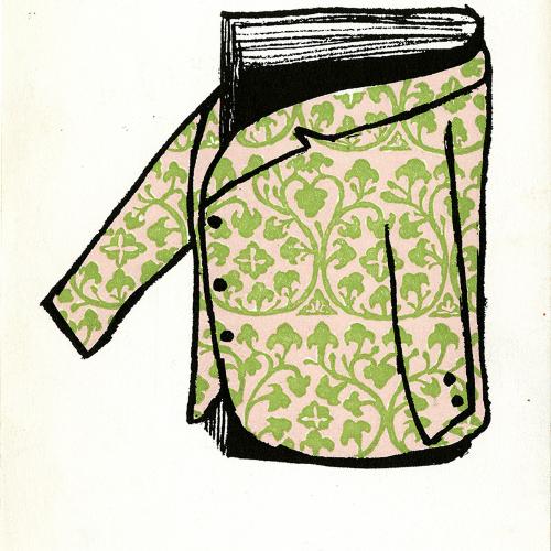 Book wearing a decoratively patterned jacket meant for a man
