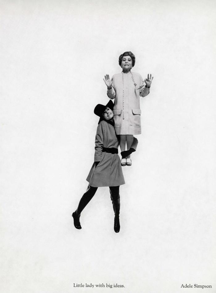 Advertisements depicts: "Little Lady with Big Ideas" - a younger woman holding an older woman up in the air