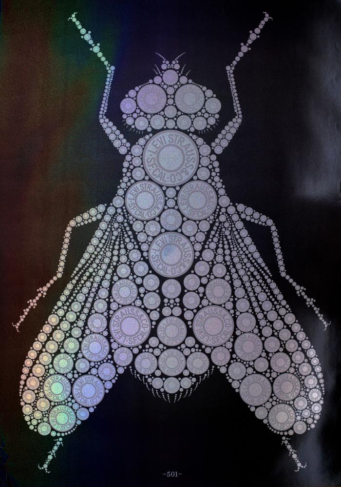 Posters depicts: fly (the insect) made out of silver Levi's jeans button fly buttons