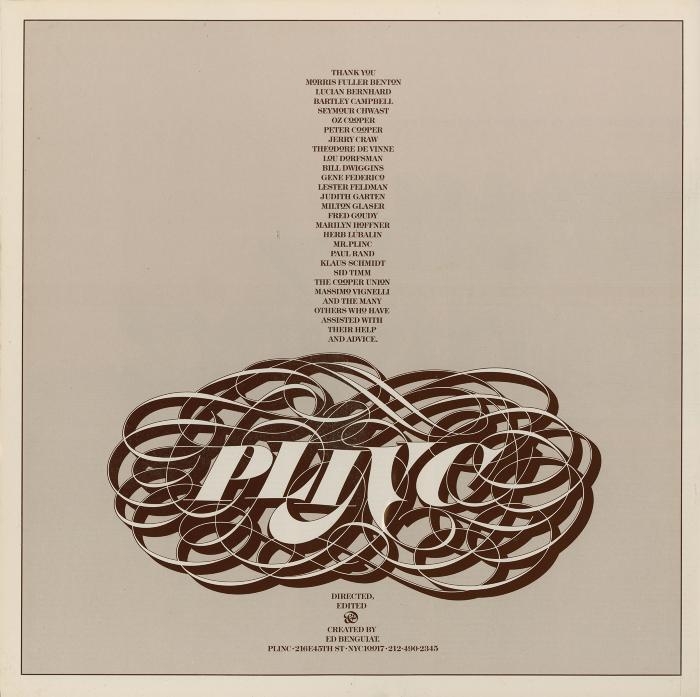 Advertisements depicts: List of designers thanked by Photo Lettering plus PLINC in flowing type surrounded by curved lines