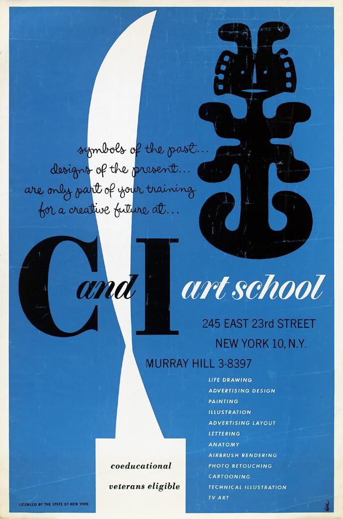 Posters depicts: White, black and blue graphics made using a mix of geometric and organic block shapes.