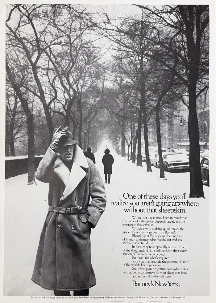 Advertisements depicts: Man walking down a snowy tree lined street wearing a fur lined coat and a hat